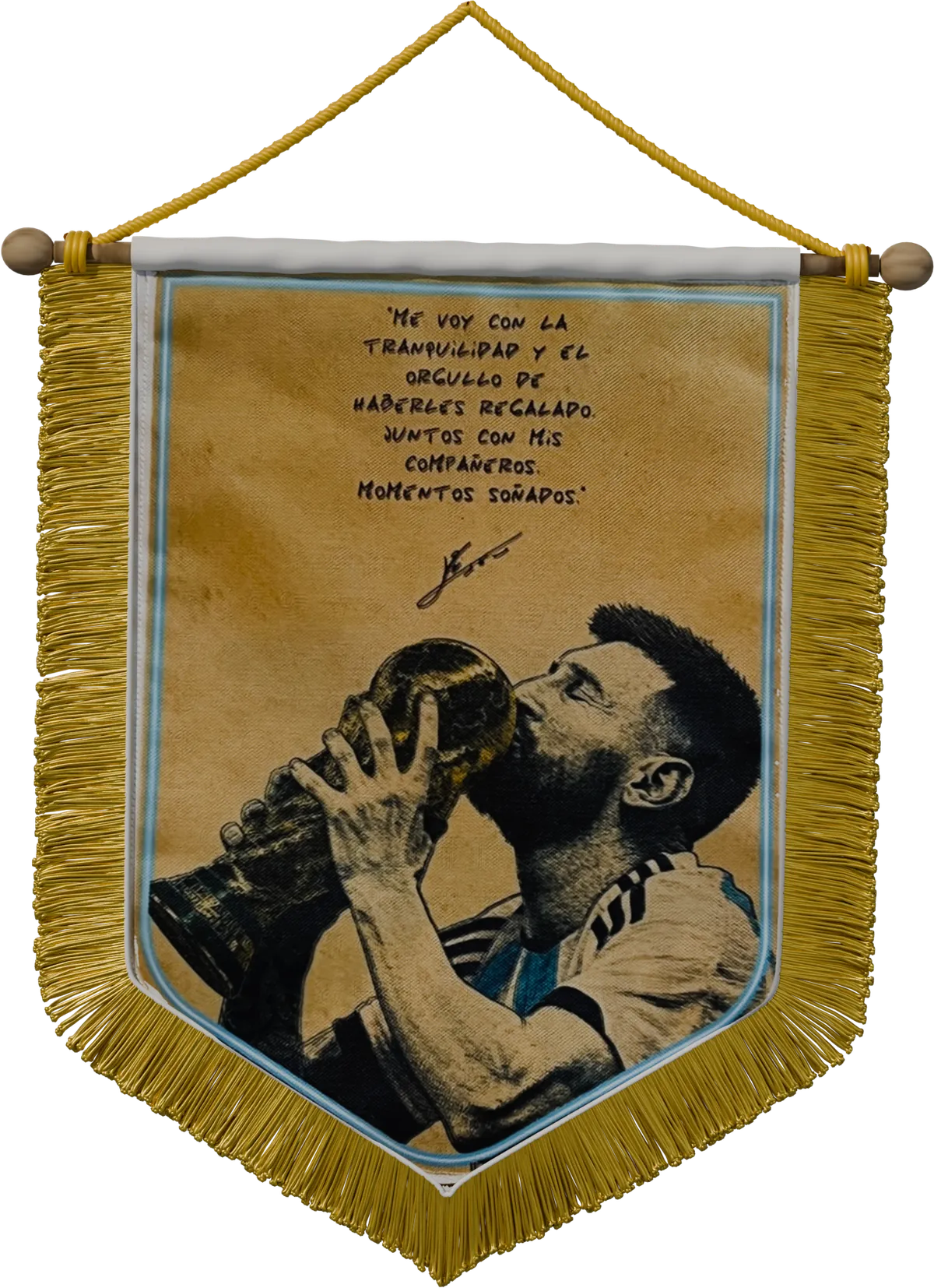 Banderín «El campeón del mundo», frente: El beso a la Copa